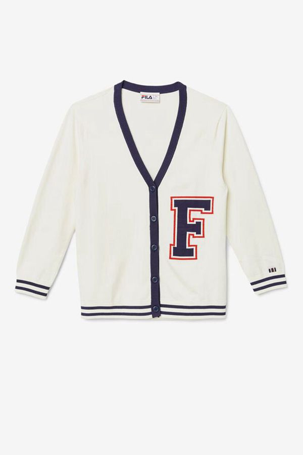 Fila Delfina Cardigan Women's Sweatshirts - White/Navy,NZ 460-80514